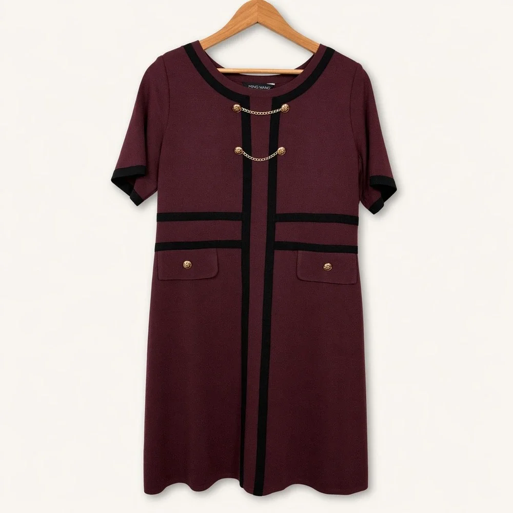 Ming Wang Small Shift Dress Burgundy Knit Gold Chain Military Old Money Academia